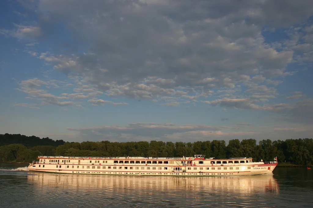 A river cruise ship on the Danube in the Wachau at sunset.