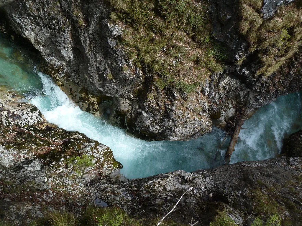 Water rushing through the Leutascher Geisterklamm gorge near Leutasch in Tyrol.