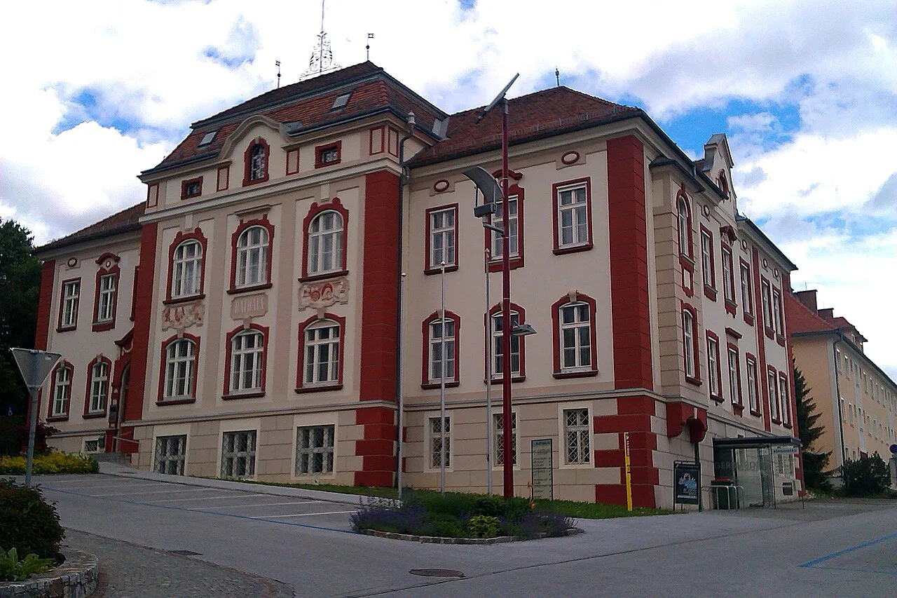 The red-and-white town hall of Weiz.