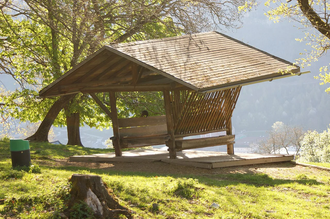 A wooden feeding shelter at the Wildpark in Feldkirch.
