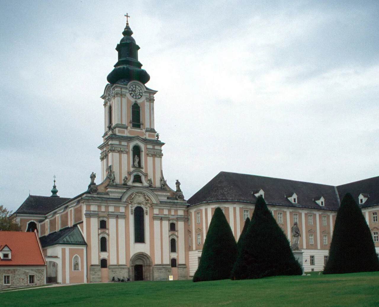 The tower of Wilhering Abbey church rising above the monastery buildings.