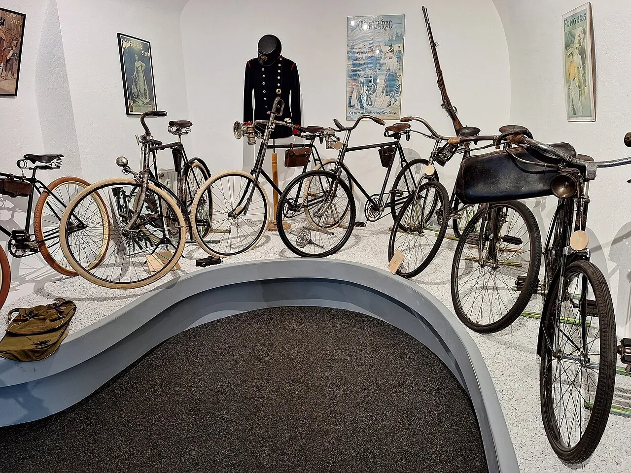 Historic bicycles on display inside the bicycle museum in Ybbs an der Donau.