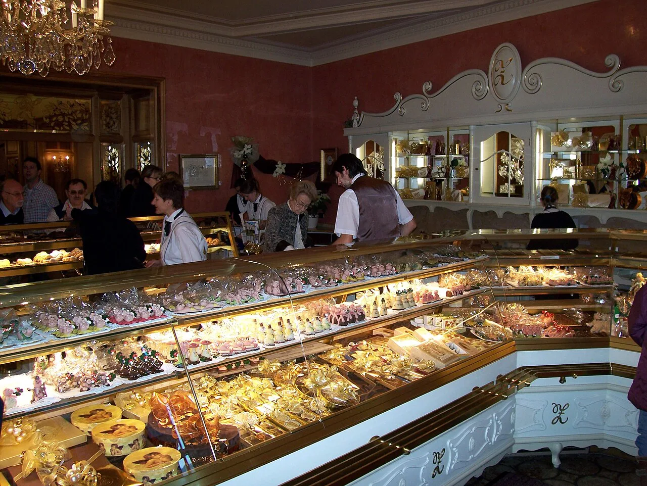 Cakes and pastries in the counter at Konditorei Zauner in Bad Ischl.