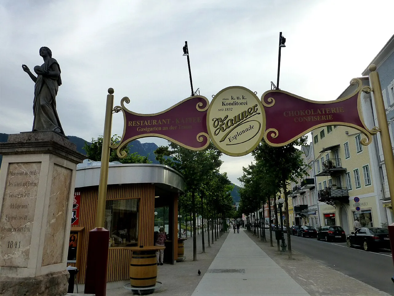 The Zauner sign arching over the Esplanade in Bad Ischl.