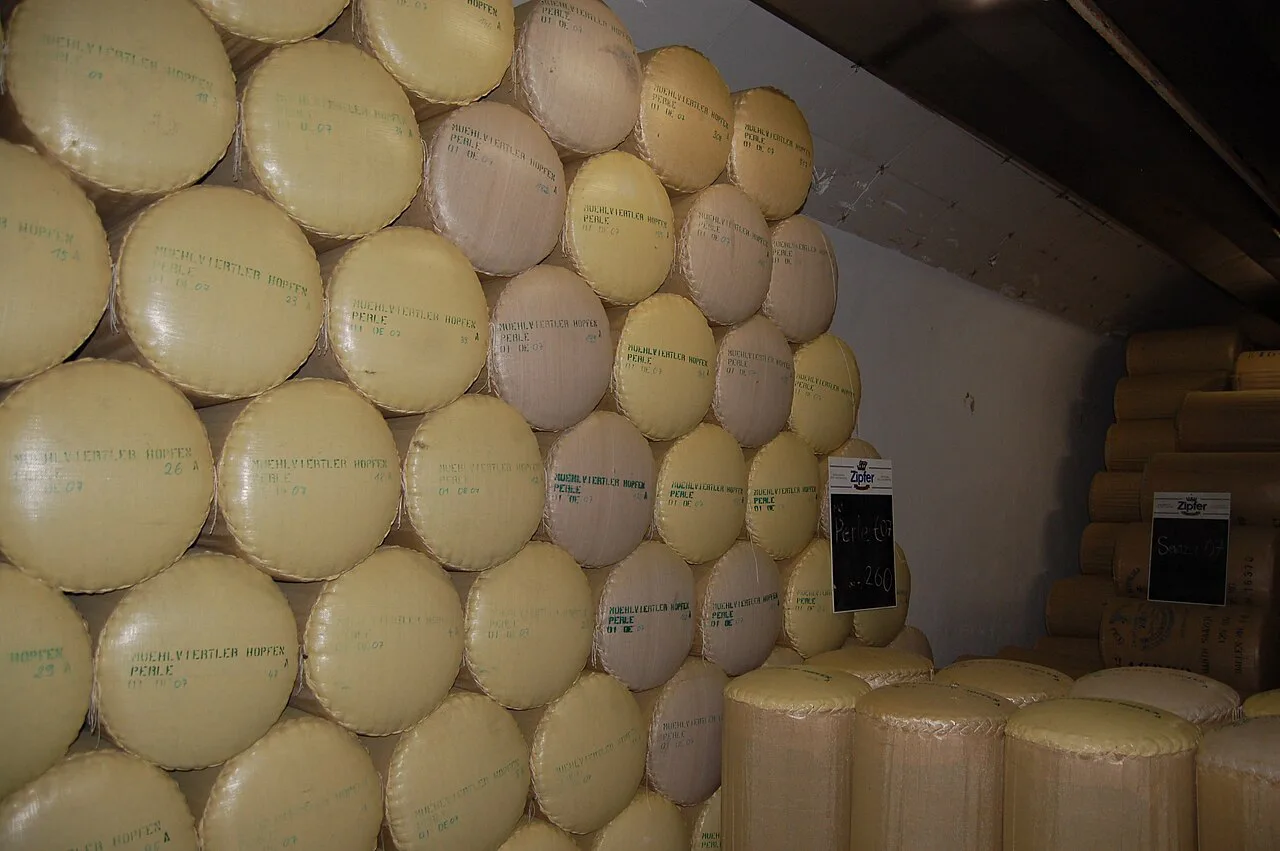 Stacked hop containers in the hop store of the Zipf brewery.
